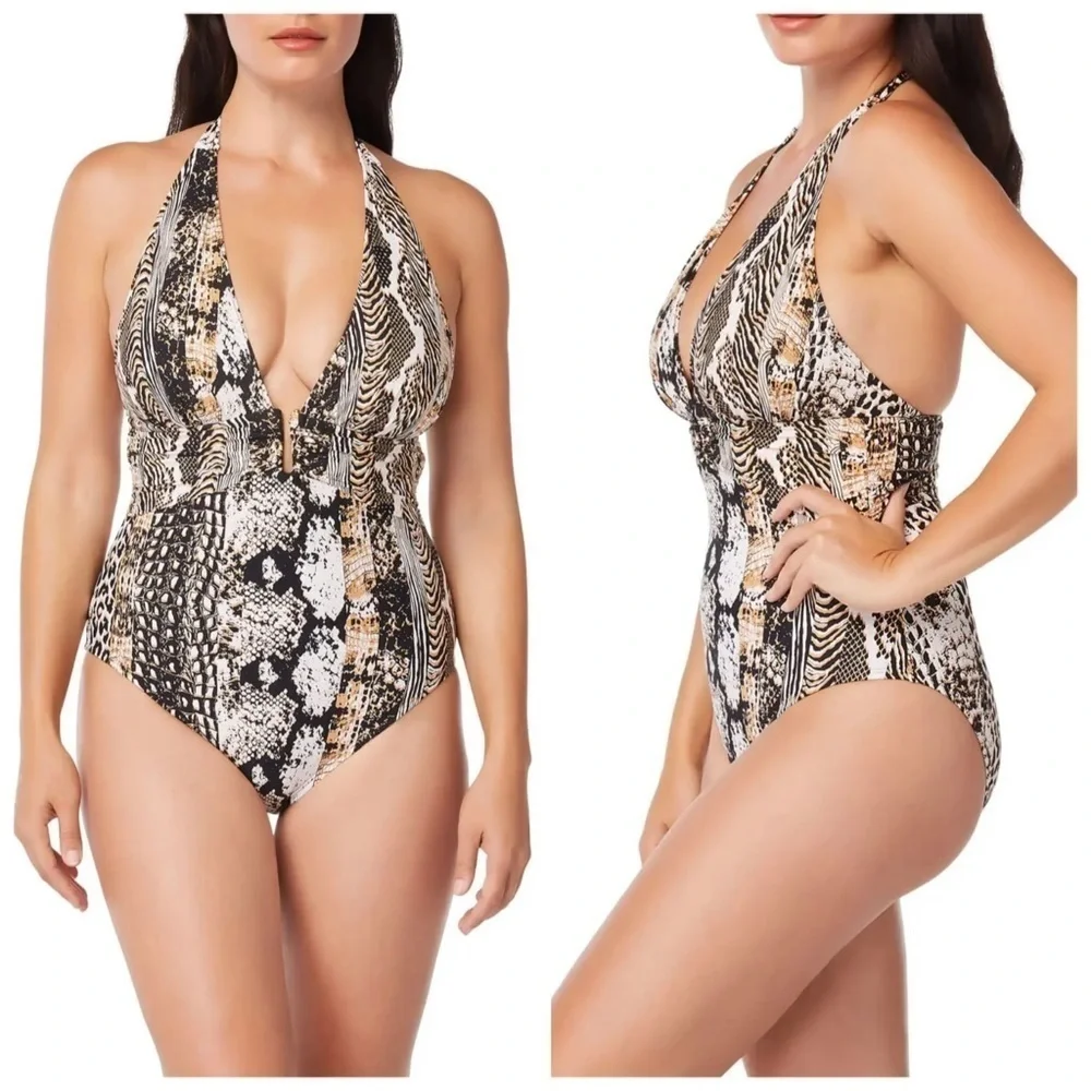 BLEU Rod Beattie Walk On The Wild Side One-Piece Plunge Halter Swimsuit Size 18W